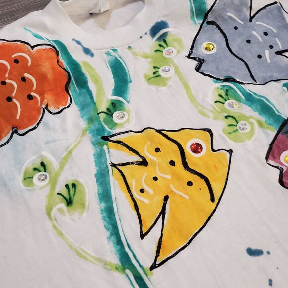 Vtg Indian Ink XL Bright Fish Graphic T-Shirt Single Stitch White Hand Painted - Picture 3 of 6